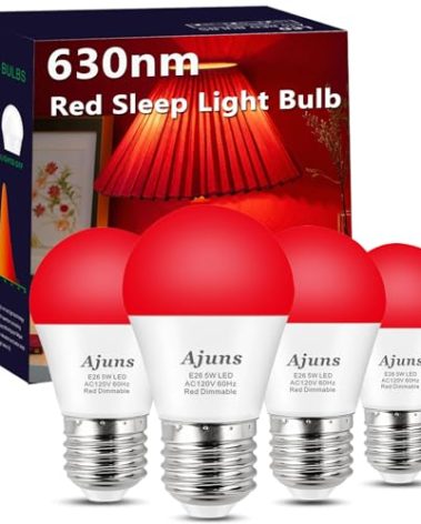 Ajuns LED Red Sleep Light Bulb Dimmable, 100% Blue Light Blocking Bulb 630nm Promoting Melatonin Red Light Bulbs, A15 5W E26 Base Dim Light Bulbs for Bedroom, Baby Nursery,4 Packs