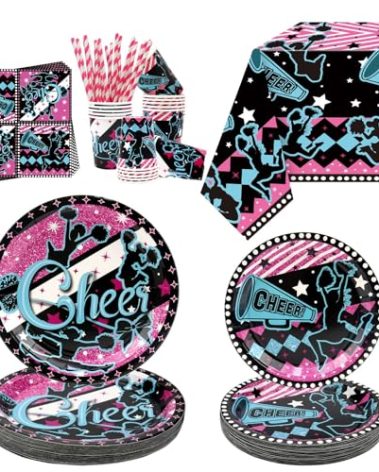 Cheerleading Party Decorations - Gymnastics Party Cheer Part Plates Tableware, Including Plates, Cups, Napkins, Tablecloth, Straw for Cheerleading Birthday Party Supplies, Serves 20