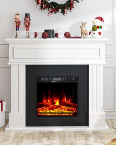 oneinmil Electric Fireplace with Mantel, Fireplace TV Stand with 18’’ Electric Fireplace Heater, 3D Realistic Flame, Freestanding Fireplace for Living Room, Bedroom, White