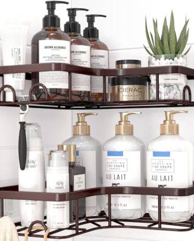 Sakugi Corner Shower Caddy - 2 Pack, Adhesive Shower Organizers, Rustproof Stainless Steel Shower Shelves with 8 Hooks, No Drilling Bathroom Organizers and Storage Racks, Space-Saving, Brown, Medium