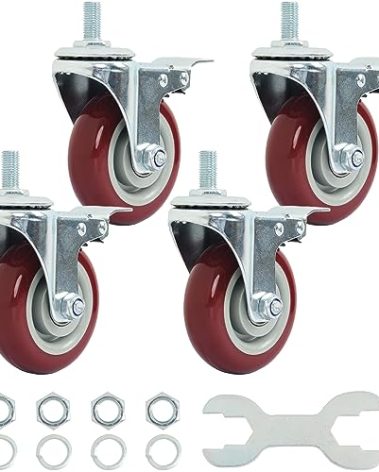Finnhomy Swivel Caster Wheels 4 Inch Threaded Stem Casters Set of 4 Heavy Duty 1/2"-13 x 1 with Brake Polyurethane Industrial Locking Castors Wheels for Cart/Furniture 2200 Lbs Smooth Casters, Red