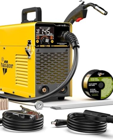 HAXIAOER 145A MIG Welder, 110V Flux Core MIG/Lift TIG/Stick Welder 3 In 1 Multiprocess Welding Machine With Synergy LCD Digital Display, Portable Inverter Welder Equipment Kit For Home&DIY