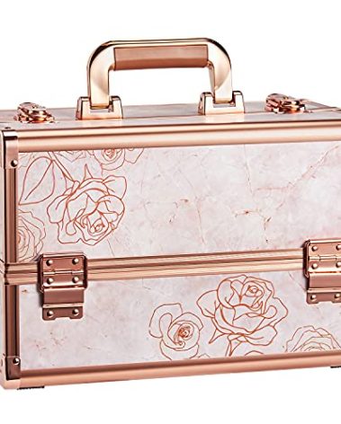 Joligrace Makeup Train Case Professional - 13.5 Inch Portable Artist Lockable Aluminum Cosmetic Organizer Storage Box with 4 Fixed Dividers Trays 2 Locks and Shoulder Strap Rose Gold