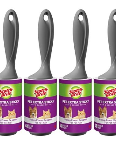 Scotch-Brite Pet Hair Pickup Extra Sticky Lint Roller, Designed for Removing Fur + Fluff on Couches, Clothes, Dog and Cat Beds, & More, 4 Pack, 192 Easy-Tear Adhesive Sheets Total