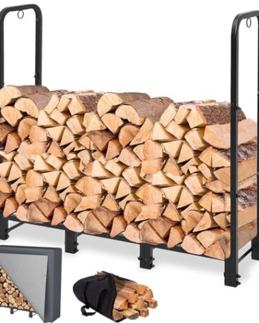NEOCOZY 4FT Firewood Rack Outdoor with Cover, Heavy Duty Wood Holder with Log Carrier, Adjustable & Waterproof Log Holder Wood Storage Stand for Fireplace Patio Outdoor, Black