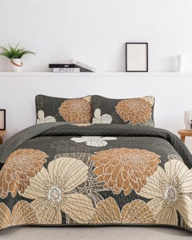 Anibedding 3 Pieces Floral Printed Quilts Set Queen Size, All Season Black Brown Lightweight Bedspread Sets with Shams for Bedroom