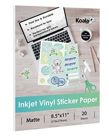 Koala Printable Vinyl Sticker Paper for Inkjet Printer - 20 Sheets Matte White Vinyl Sticker Paper, Waterproof Sticker Paper 8.5x11 Inch, Work with Cutting Machine
