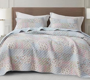 Chezmoi Collection Holly 3-Piece Printed Patchwork Cotton Quilt Set - Flower Floral Candy Stripe Polka Dots - Stone Washed Lightweight Bedspread, Queen Size