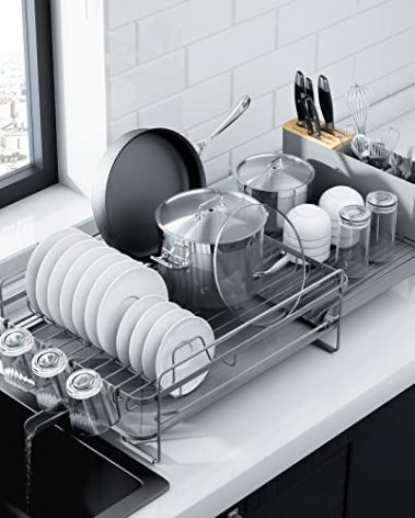 Kitsure Large Dish Drying Rack - Extendable Dish Rack, Multifunctional Dish Rack for Kitchen Counter, Anti-Rust Dish Drainers with Cutlery & Cup Holders 19.2"-26.7" L x 12.9" W, Grey