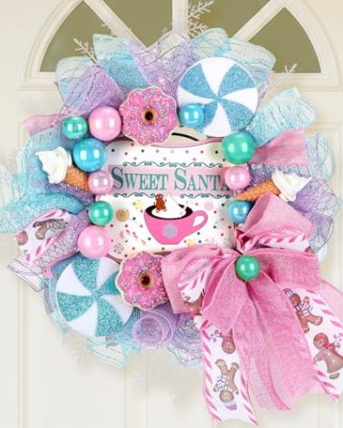 Suncalla 16 Inch Pastel Christmas Decorations Lollipop Candy Christmas Wreaths for Front Door Pastel Xmas Wreath with Ball Lollipop Candy Bow Ornaments for Home Porch Wall Window Birthday Decor