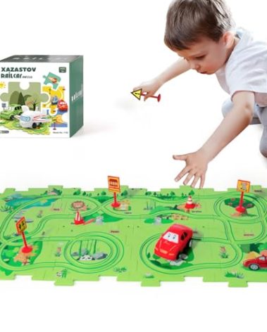 XAZASTOV Puzzle Racer Kids Car Track Set, Plastic Floor Puzzles for Kids with Vehicles, 2 3 4 5 6 Year oOld Boy Toys Gift, Toys for 2 3 4 5 6 Year Old Boys