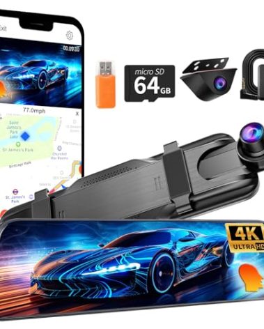 Mirror Dual Dash Camera,4K and 1080P Dash Cam with Voice Control Rear View Mirror Camera and WiFi,GPS Dashcam for Cars with WDR Night Vision, G-Sensor, 24 Parking Monitor ABS (Include 64FGB Card)