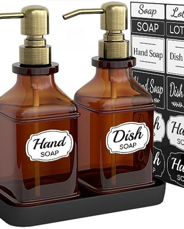 LMQML Soap Dispenser - 2 Pack, Antique Design Thick Amber Glass Hand Soap Dispensers with Sturdy Tray; 304 Rust Proof Stainless Steel Black Pump, 12Pcs Stickers, for Kitchen, Bathroom - Brushed Gold