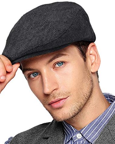 LADYBRO Newsboy Cap for Men - Black Herringbone Tweed Wool Blend Cabbie Newsboy Ivy Hat