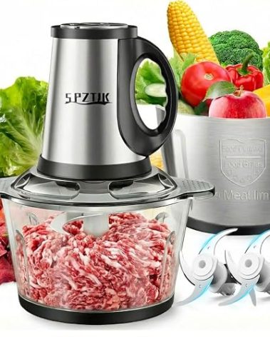 SPZTJK 3-Speed Electric Food Processor: Meat Grinder, Vegetable Chopper & Baby Food Maker - 300W, 2 Bowls (8 Cup Stainless Steel+8 Cup Glass), Quiet Operation