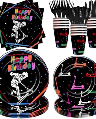 YJRJSC Scooter Birthday Decorations Tableware, Scooter Skating Party Supplies for Birthday Baby Shower, Paper Plate, Cup, Napkin, Disposable Cutlery | Serves 24