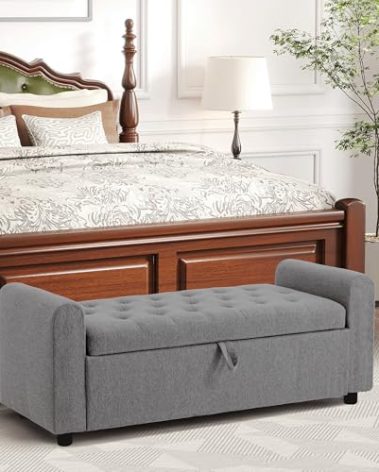 Ottoman with Storage, Tufted Storage Bench for Bedroom, 48" Fabrics End of Bed Bench, Upholstered Entryway Shoe Benches with Rolled Arm & Inner Zipper, Window Ottomans Chest without Rivets, Dark Grey