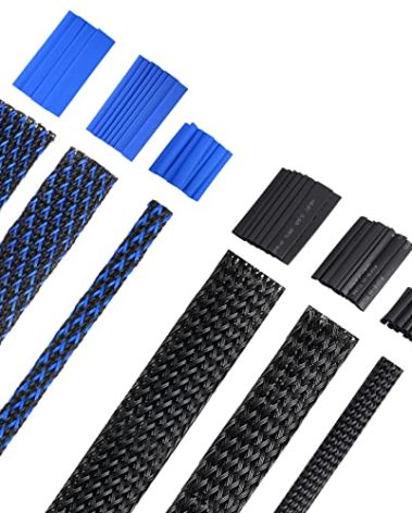 Xuniea 96ft Wire Loom Braided Cable Sleeve Covers Cord Management with 127 Pcs Tube Heat Shrinkable for Audio Video Cable Cord Protectors from Pets(1/4, 1/2, 3/4 Inch,Black and Blue)