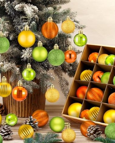 Lunmon 64 Pcs Fall Ball Ornaments Matt Glitter Lime Green Gold Orange Tree Ornament 1.6/1.97/2.4 Inch Autumn Thanksgiving Hanging Bulbs Fall Decorations for Home Tree Holiday Office Party Decor