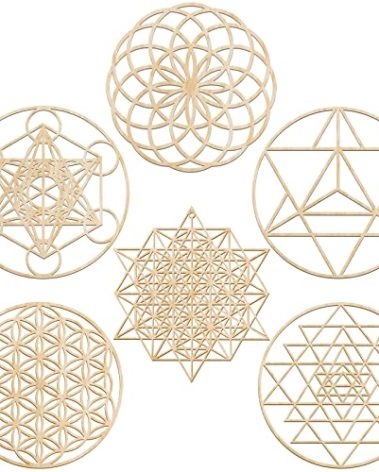 Taiyin 6 Pcs 12 Inch Sacred Geometry Wood Wall Art Set Zen Metatron Cube Home Decor Sri Yantra Merkaba Torus Flower of Life Hanging Sculpture Wooden Crystal Grid Pagan 7 Chakra Wall Decor(Burlywood)