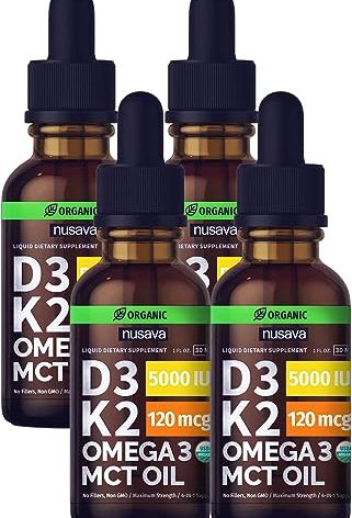 (4 Pack) Organic Vitamin D3 K2 Drops with MCT Oil Omega 3, 5000 IU - Maximum Strength Vitamin D Liquid, No Fillers, Non-GMO Liquid D3 for Faster Absorption and Immune Support, Unflavored, 4 Fl Oz