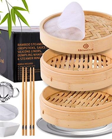 KITCHENCRUST Bamboo Steamer Basket for Chinese Asian Cuisine - 2 Tier 10-Inch Steaming Basket Bun Vegetable Steam, Dumpling Steamer bamboo steam basket, Sauce Dish, Chopsticks, Reusable Liners, Ring