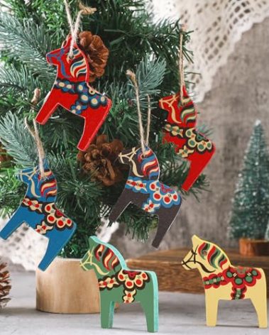 Vercraft 6 Pcs Swedish Dala Horse Christmas Ornaments Wooden Dala Horse Hanging Pendant Decorative Dalecarlian Horse Figurine Christmas Decorations for Home Xmas Tree Party Gift (Vintage Color)