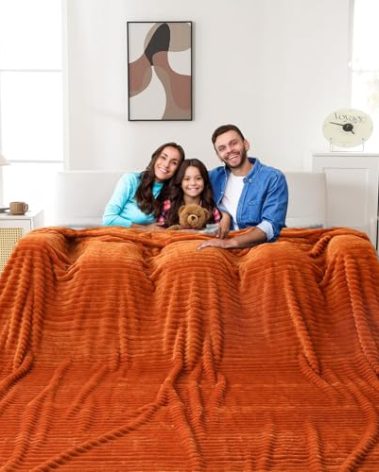 Bnuitland Oversized King Flannel Stripe Pattern Blanket 120x120 Inches, 300GSM Soft Extra Large for Couch,Bed, Lightweight Fuzzy Fleece 10x10 Huge Blanket for Whole Family, Burnt Orange
