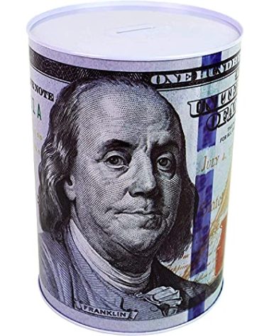 $100 Dollar Bill Piggy Bank 5 7/8" Tall Coin Saving Money Currency Benjamin Franklin Tin Can Banknote Jar (1 Pack, 5 7/8" X 4")