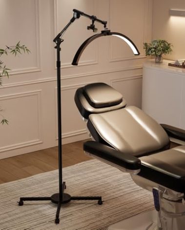 OmySalon Half Moon Light Lash Lamp, Shadowless LED Floor Lamp w/Adjustable Height & Phone Holder, Dimmable Lighting for Eyelash Extensions, Lash Tech, Nail Artist, Tattoo, Esthetician & Salon (Black)