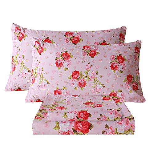 Bedlifes Twin Sheet Set Ultra Soft, Breathable, Silky Flower Deep Pocket 100% Microfiber Bedding, 3 Piece Twin Size Pink Floral(Red Rose)