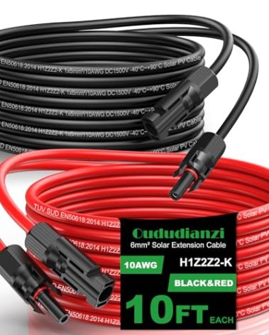Oududianzi Solar Extension Cable 10Ft, Solar Wire 10AWG, 10 Gauge Tinned Copper PV Wire, Solar Panel Wires and Connectors for Home Cars RVs Camping Solar Panels