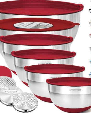Priority Chef 6Pc Large Mixing Bowls With Lids Set with Non-Slip Bases, Stainless Steel Mixing Bowl Set, 6 Airtight Lids and 3 Graters, Red