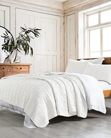 HORIMOTE HOME 100% Cotton Quilt Set Queen Size, White Pre-Washed 3-Piece Bedspread Coverlet Set, Cozy Lightweight Stitching Bedding Cover with 2 Shams in Geometric Pattern for All Season