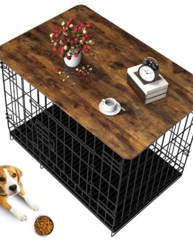 Hoyula Dog Crate Topper Wood Countertop for 42 Inch Dog Cage, Dog Crate Table Topper Collapsible Dog Kennel Topper (Rustic Brown, 42 Inch)