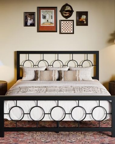 SHA CERLIN Queen Size Metal Bed Frame with Vintage Circular Design Headboard and Footboard,No Box Spring Required,Easy Assembly,Noise-Free,Black