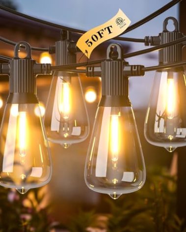 Kawaya 50FT Outdoor String Lights - Outside LED Patio Light with 25+2 Shatterproof Vintage Edison Bulbs - 2700K Dimmable IP65 Waterproof Hanging Lighting for Yard Porch Deck Balcony Bistro Cafe Party