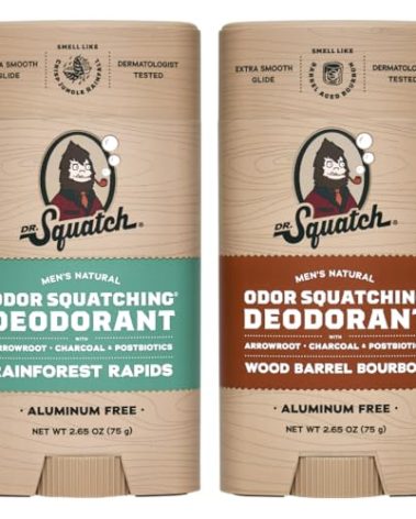 Dr. Squatch Natural Deodorant for Men - Odor-Squatching Aluminum Free - Rainforest Rapids & Wood Barrel Bourbon (2.65 oz, 2-Pack)