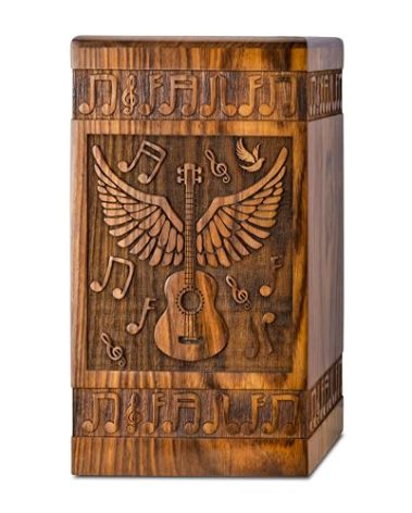 Handcrafted Wooden Cremation Urn for Human Ashes - Guitar Wings of Angel with Musical Notes, 250lbs Capacity - Suitable for Burial for Men, Women, Mom, Dad - Decorative Funeral Urn Box and Casket