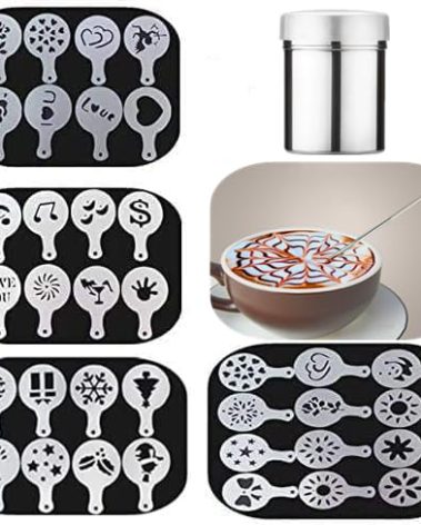 Magnoloran 36 Coffee Stencils+1 Mesh Powder Shaker+1 Latte Art Pen, Cake Baking Templates Coffee Decoration Stencils Coffee Art Templates for Christmas Thanksgiving Cake Coffee Cappuccino