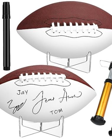 Liliful 2 Pcs Autograph Football Basketball Blank Official Size with 2 Stand 2 Signature Pen 1 Pump for Fantasy Trophy Anniversary Birthday Graduation(Size 9,2 Sides White Football)