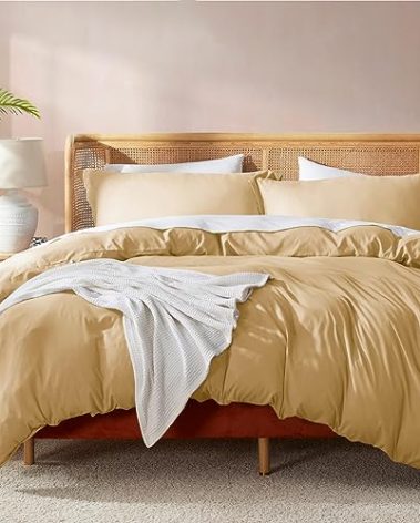 Nestl Queen Duvet Cover Set with Comforter Insert - Camel Gold 4 Piece 90x90 Duvet Cover & 2 Pillow Shams with White Quilted Down Alternative Comforter, Ultra Soft, All Season