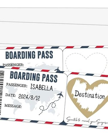 Qoamp Surprise Foil Boarding Pass scratch card(2 Set), 3.5"x8" Golden Travel Ticket Gift for Holiday Birthday Christmas Wedding-A20