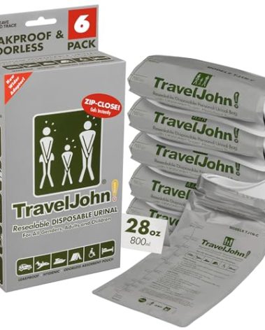 TravelJohn Resealable Disposable Urinal Bags 28oz (6 Pack) – Road Trip Essentials for Men, Women & Kids – Odorless Leakproof Portable Urine Bags – Travel Urinal for Camping & Emergencies (TJ1N-C)