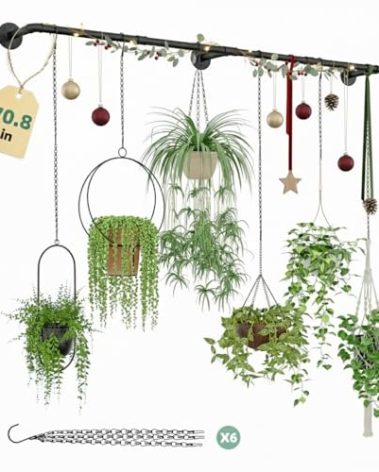 Galood Plant Hanger Indoor with 6 Hanging Chains Hanging Planters for Indoor Plants Hanging Plant Holder Window Plants Rod Black Metal Shelves(70.8 Inch Pot not Included