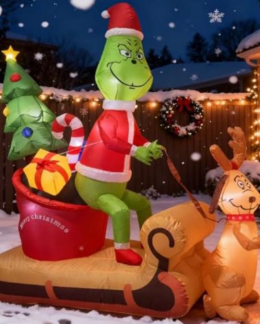 7 FT Green Monster Christmas Inflatable Decoration, Green Monster and Dog Max on The Sleigh Scene Decoration, Built-in 8 high-Light LED Lights, Interesting Outdoor Christmas Decoration. (Multicolor1)