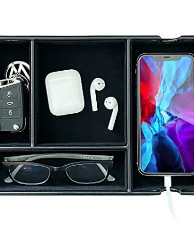 SUKKMORI Valet Tray for Men and Women - PU Leather Desktop Organizer with 4 Compartments, Dresser Catchall Tray for Keys, Watch