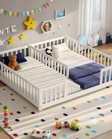 PVWIIK Twin Size Double Frame Floor Bed with Fence,Montessori Floor Bed w/Safety Guardrails for Girls,Boys,No Box Spring Needed, White