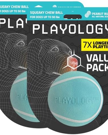 Playology Dog Toys | Squeaky Chew Ball - Bouncy Durable Floating Fetch Ball for Dogs, Value 2-Pack | Medium Peanut Butter Scented Toy - Easy to Clean and Made from Non Toxic Materials