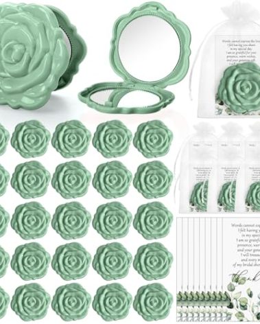 FoldTier 50 Sets Bridal Shower Party Favors for Guests Small Rose Compact Mirror Bulk Wedding Favors Thank You Cards and Organza Bags Wedding Party Guests Souvenir Gift (Green)